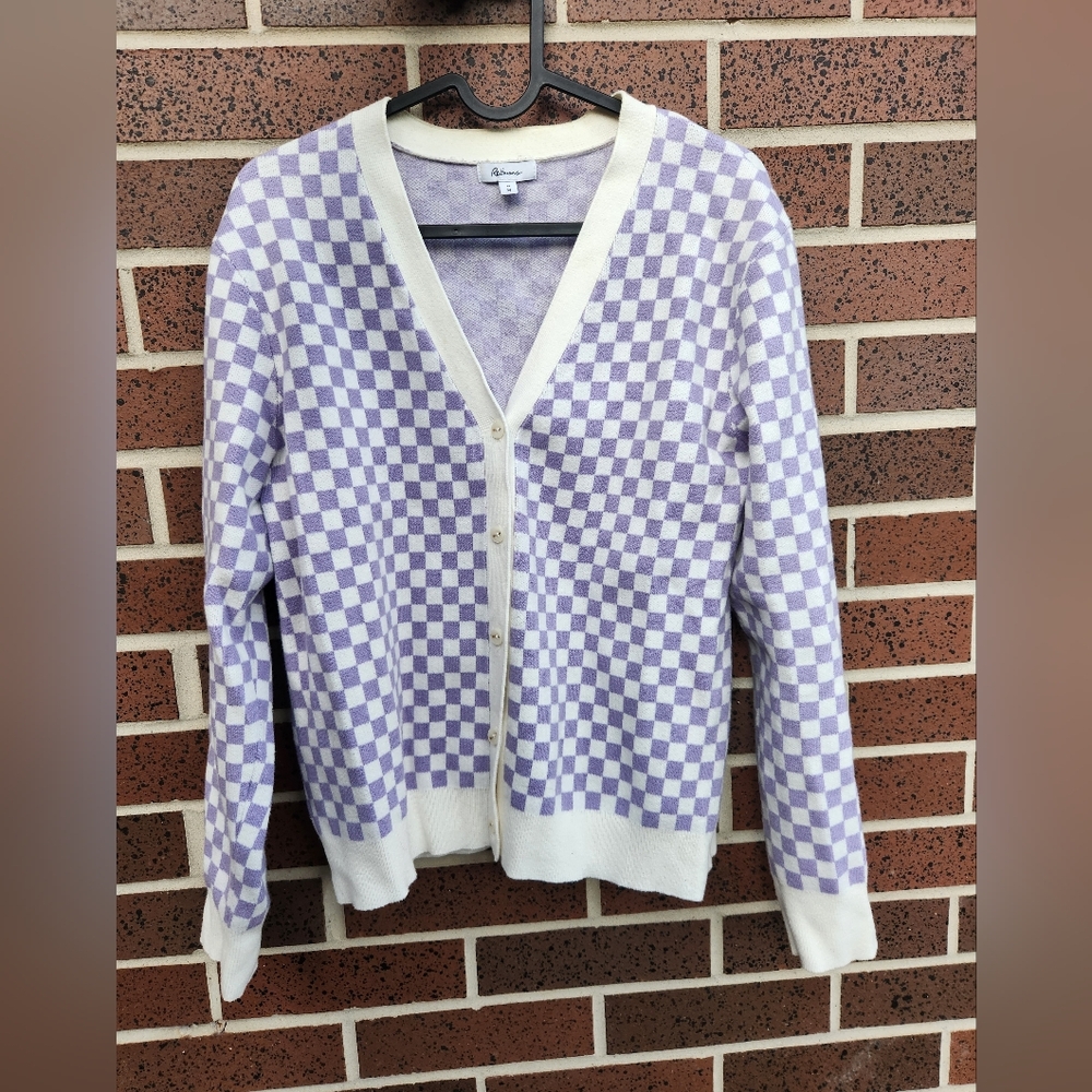 Reitmans Lavender Purple and White Checkered Cardigan Sweater